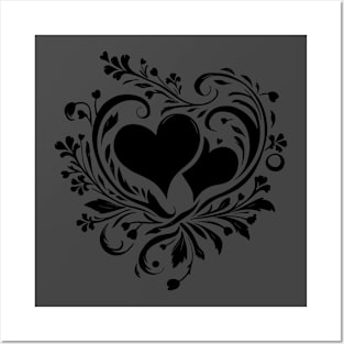 Elegant Black and White Heart Floral Motif Posters and Art